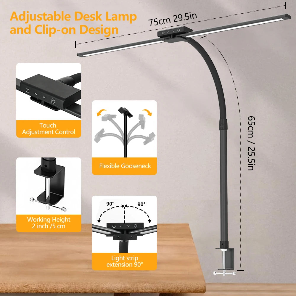 24W Double-Head LED Clip Table Lamp with Remote Control 5 Color 5 Brightness Flexible Gooseneck Eye Caring Lamp for Office Home