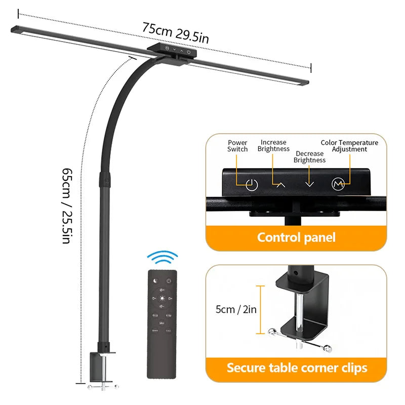 24W Double-Head LED Clip Table Lamp with Remote Control 5 Color 5 Brightness Flexible Gooseneck Eye Caring Lamp for Office Home
