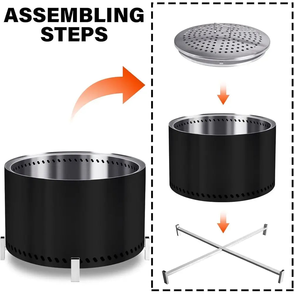 28 Inch Smokeless Stainless Steel Wood Burning Fire Pit for Outdoor Patio, Garden BBQ, and Family Gatherings (Black)