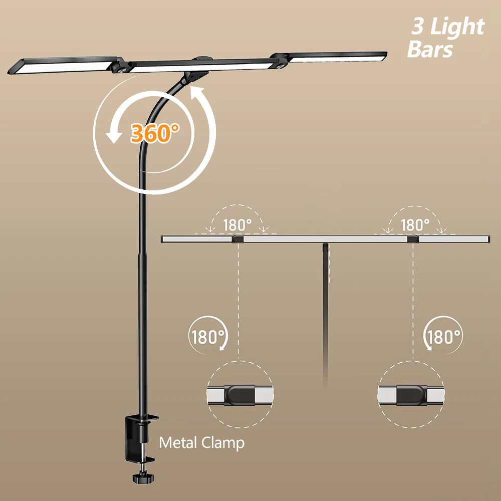 3-Head 16W LED Desk Lamp for Home Office Eye Caring Architect Desk Light 5 Color 10 Leves Dimming Computer Monitor Table Light