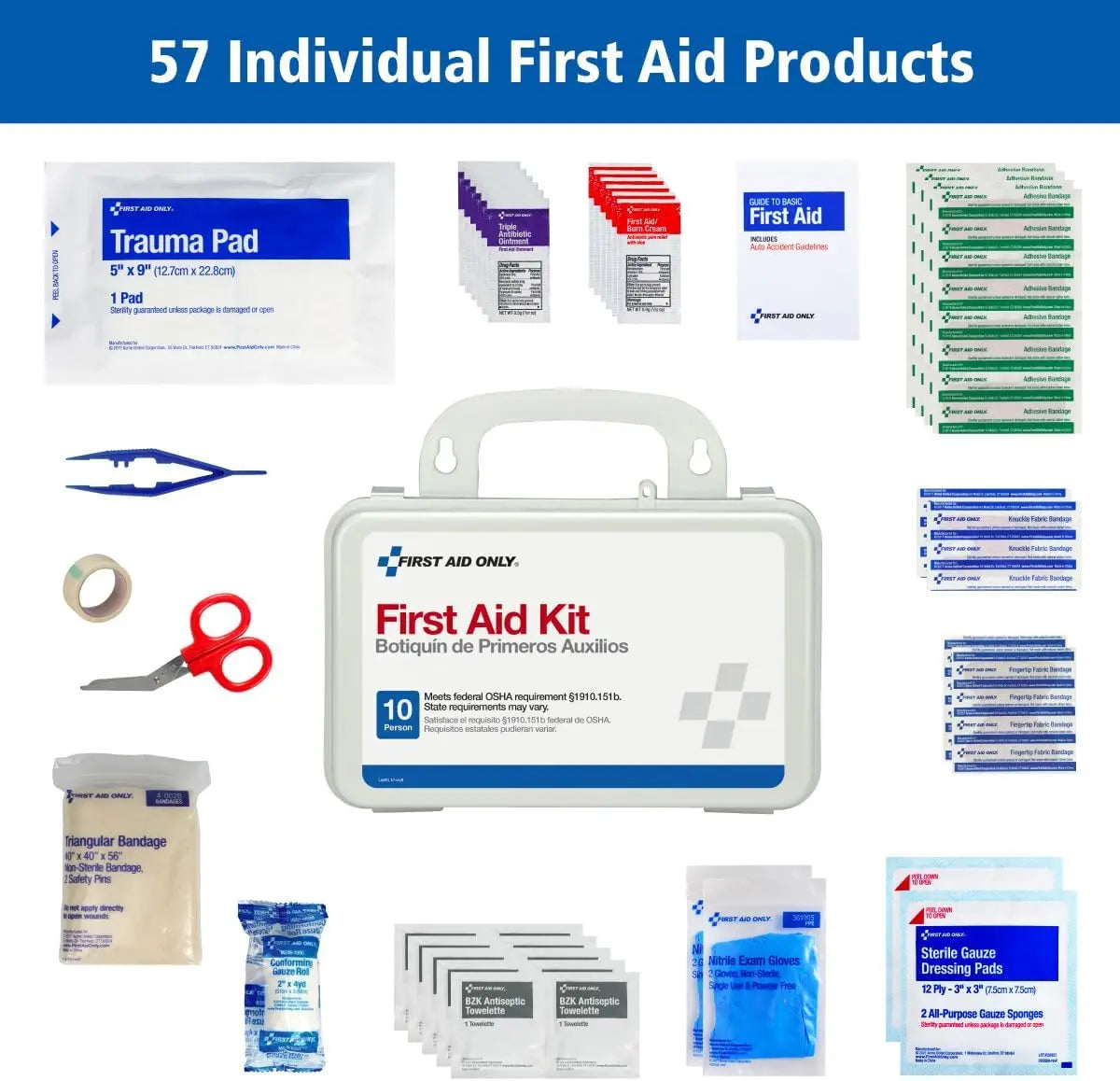 10-Person Emergency First Aid Kit for Business, Home, Car - 57 Pieces All-Purpose Safety Supplies