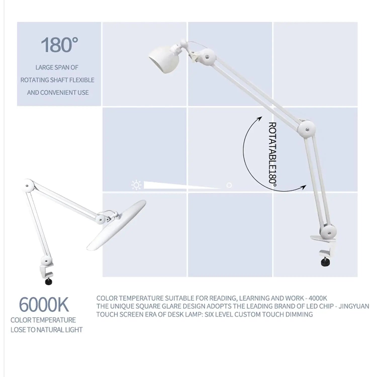 24W LED Desk Lamp with Clam 19 Inches Dimmable Computer Light Adjustable Desk Light for Home, Office, Crafts, Nails & Hobbies