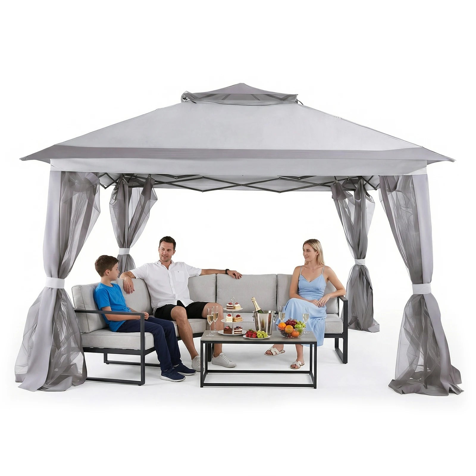10x10ft Portable Soft Top Gazebos with Metal Frame & Stakes & Mosquito Nets Large Shade Tents for Outdoor Camping/Lawn/Backyard