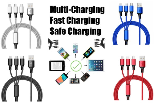3-in-1 Nylon Braided 4FT Charging Cable Type-C, Micro USB)