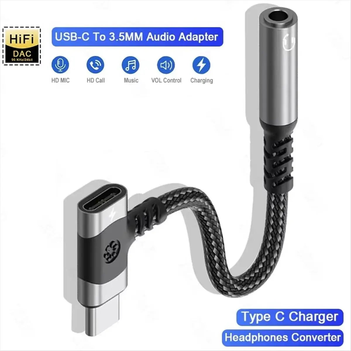 *A14E 2 in 1 USB C to 3.5mm Jack Audio Adapter PD Fast Charging Cable Type C Headphone Adapter Converter Silver