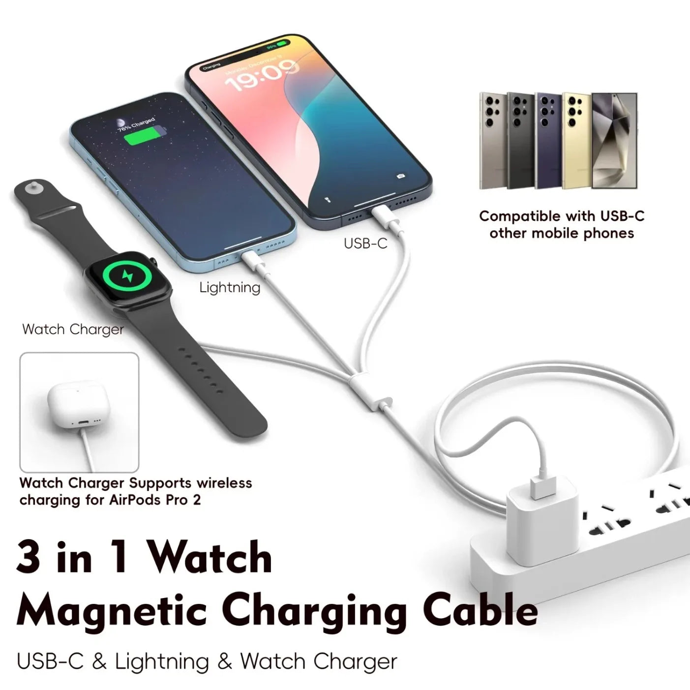 3 in 1 Type-C & Magnetic Wireless Chaeger Pad USB Date Chargers Cable For Apple Watch 10/9/8/7/6/5/4/3/2 SE/Ultra Fast Charging