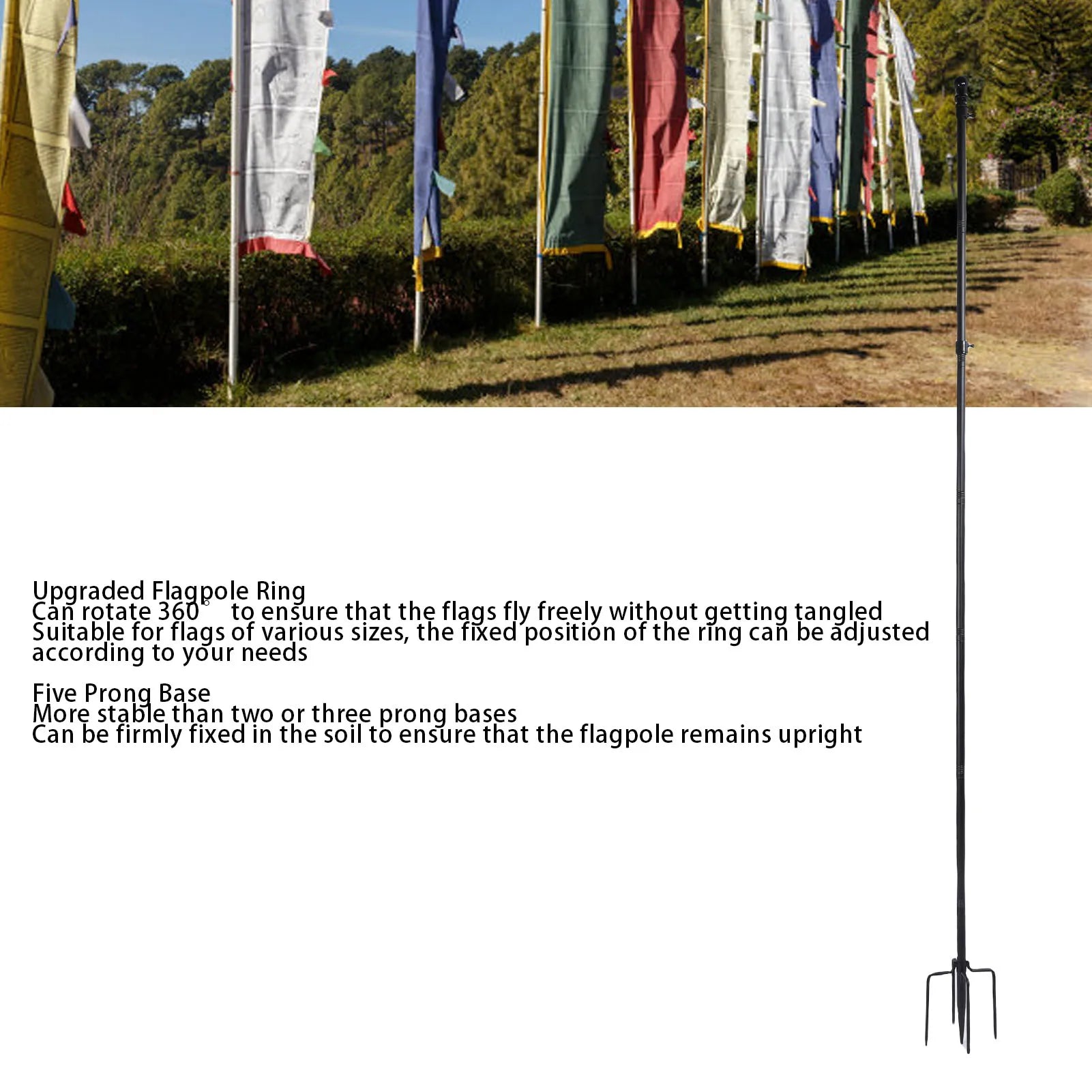 10 FT Ground Garden Flag Pole Thickened Stainless Steel Flagpole Outdoor Flag Pole Tool with 5 Prong Base for Yard Garden