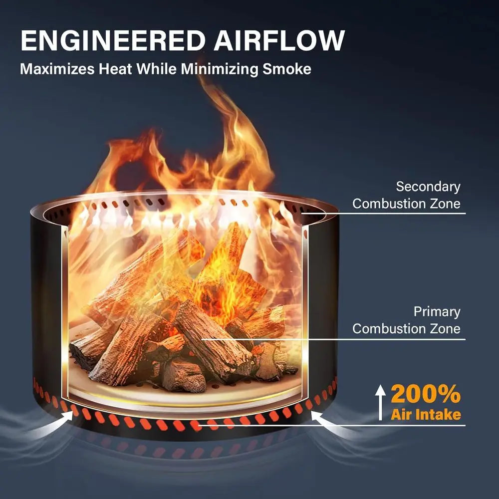 28 Inch Smokeless Stainless Steel Wood Burning Fire Pit for Outdoor Patio, Garden BBQ, and Family Gatherings (Black)