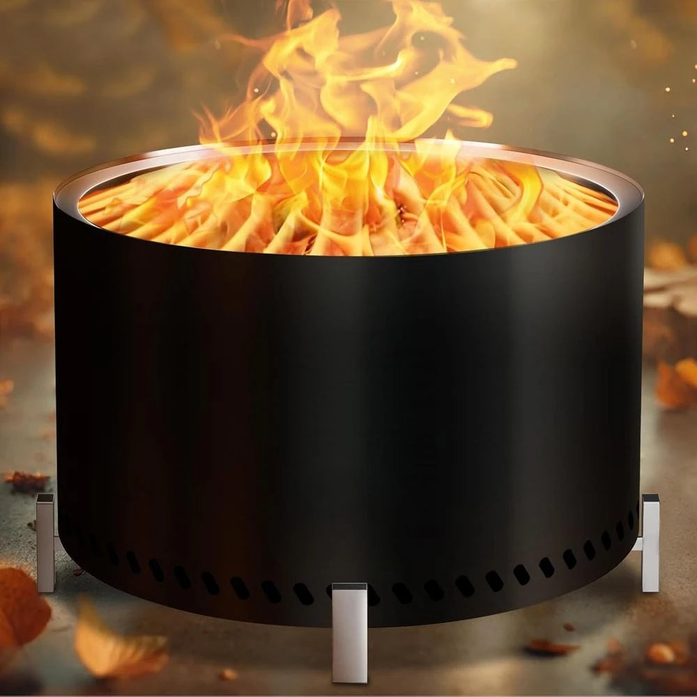 28 Inch Smokeless Stainless Steel Wood Burning Fire Pit for Outdoor Patio, Garden BBQ, and Family Gatherings (Black)