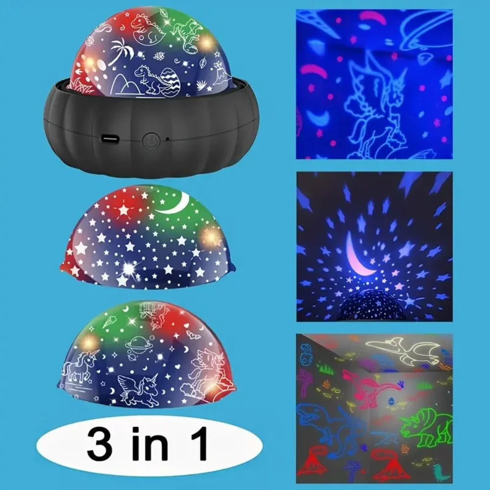 4-Color Options 3-in-1 Star Projector Night Light - 360° Rotation, Color Changing, Dinosaur and Galaxy Projection Lamp - Bedroom