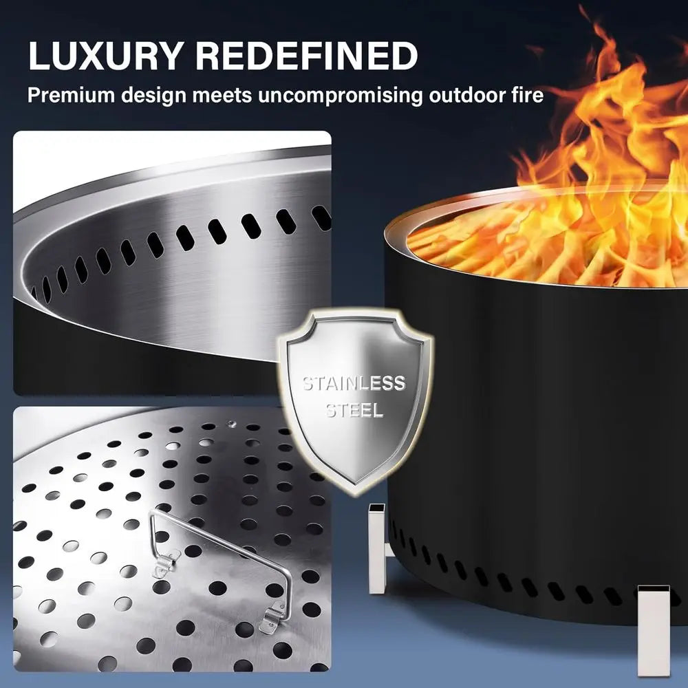 28 Inch Smokeless Stainless Steel Wood Burning Fire Pit for Outdoor Patio, Garden BBQ, and Family Gatherings (Black)