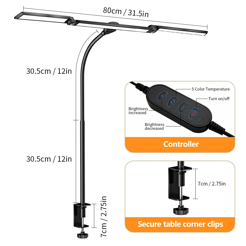 3-Head 16W LED Desk Lamp for Home Office Eye Caring Architect Desk Light 5 Color 10 Leves Dimming Computer Monitor Table Light