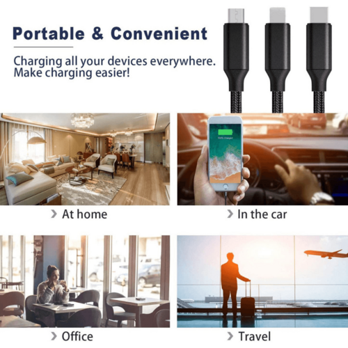 3-in-1 Nylon Braided 4FT Charging Cable Type-C, Micro USB)