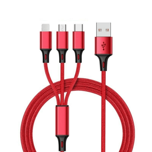 3-in-1 Nylon Braided 4FT Charging Cable Type-C, Micro USB)
